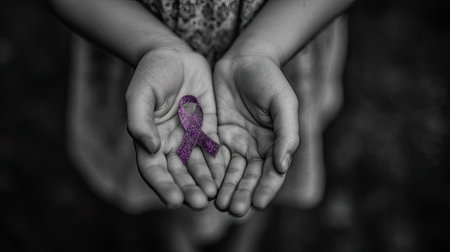 A black and white image highlights a child's hands cradling a purple ribbon. The central focus showcases the ribbon's vibrant color against the monochrome tones. The composition uses overhead lighting to illuminate the hands. Suitable for awareness campaigns or editorial content.の素材