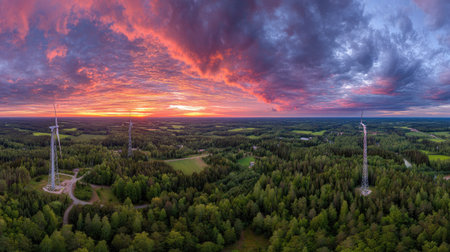 An aerial perspective showcases wind turbines rising above a dense forest under a vibrant sunset. The image displays a range of colors from warm oranges and reds to cooler purples in the sky, contrasting with the deep green of the trees. This scene is likely suitable for various commercial and editorial applications.の素材