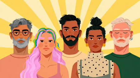 An illustration presents a diverse group of individuals against a vibrant yellow background with radiating lines. The artwork features varied skin tones, hairstyles, and facial hair. The style appears modern with flat design elements and a focus on inclusivity, suitable for various editorial and commercial applications.の素材