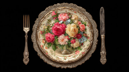 An overhead view presents a decorated plate displaying a vibrant floral arrangement. Detailed silverware, a fork, and knife, flank the plate against a dark backdrop. The composition showcases rich colors and intricate details, suggesting a classic style suitable for various editorial and commercial applications.の素材