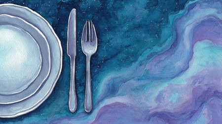 An artistic depiction showcases a refined table setting, with plates, a knife, and a fork, set against an abstract backdrop. The composition utilizes cool blues, purples, and white, creating a serene atmosphere. This illustration is suitable for various design projects, including editorial content and commercial advertisements related to dining.の素材