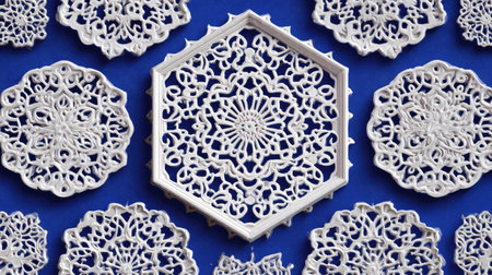 An overhead view displays intricately designed white lace doilies and a central hexagonal shape, all positioned against a vibrant blue background. The delicate patterns showcase detailed texture and symmetry. This composition, illuminated with soft lighting, would be suitable for various design projects and commercial purposes.の素材