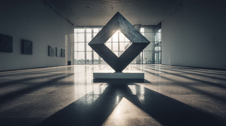 A large geometric sculpture is the focal point in a contemporary gallery space. The artwork is positioned on a pedestal with sunlight streaming through a large window, casting strong shadows. The composition utilizes linear elements and contrasting light and shadow for a dramatic effect, suitable for design and art publications.の素材