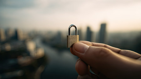 A hand delicately holds a small padlock, set against a soft, blurred city backdrop. The image showcases a close-up focus on the padlock, which is highlighted against a mix of warm and cool tones. This composition might be suitable for visual representation of concepts related to security or protection and could be used commercially or editorially.の素材