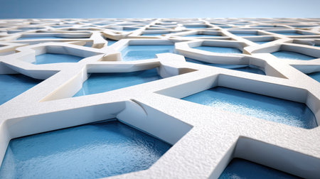 The image features an architectural pattern composed of repeating geometric shapes, presented in a perspective view. The design utilizes white forms against a cool blue backdrop. The composition and lighting highlight texture, creating an abstract effect that is suitable for diverse visual applications.の素材