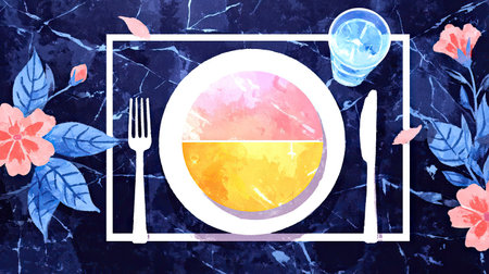 An artistic illustration showcases a plate, fork, and knife with a colorful abstract background. The image features a watercolor style with vibrant pink and yellow hues. The composition includes a glass of water and floral elements, suggesting a decorative setting. It could be used for design, advertising, or editorial purposes.の素材