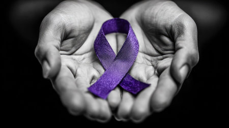 Two hands cradling a vibrant purple ribbon against a stark, grayscale background. The image showcases the ribbon's texture and form. The composition features a close-up perspective, highlighting the contrast between the bright purple and the neutral tones. Suitable for use in editorial content or awareness campaigns.の素材