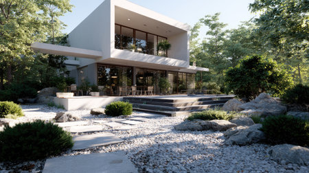 A modern home, showcased with a minimalist design, features large windows, offering views of the surrounding natural environment. The image displays a bright, sunny day with well-maintained landscaping and a stone pathway. This scene is ideal for illustrating concepts related to architecture, real estate, and outdoor design.の素材