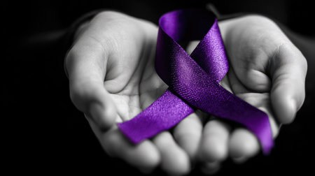 Close-up image shows a pair of hands cradling a vibrant purple ribbon, a symbol of awareness. The ribbon is centered against a grayscale background, highlighting its color. The composition uses shallow depth of field. This image can be used for various projects related to advocacy and support.の素材