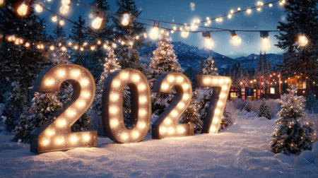 A glowing 2027 sign dominates a snowy forest scene, illuminated by strings of lights. The image displays a dark, outdoor environment with evergreen trees, possibly during twilight or nighttime. Potential applications include holiday-themed promotions, event announcements, or conceptual designs, for various visual projects.の素材