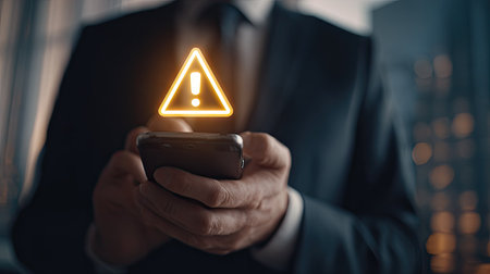 A person in a formal suit holds a smartphone displaying a glowing yellow warning symbol. The image showcases a low-angle perspective with the focus on the hand and the screen. The background features blurred city lights and suggests a night setting, implying a professional or business environment. Potential uses include technology, finance, or communication content.の素材