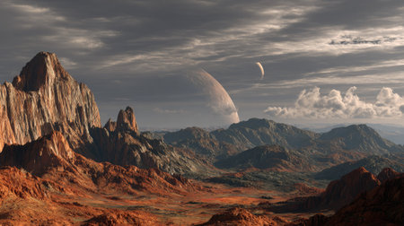 An expansive landscape showcases rugged mountains, a vast sky filled with dramatic clouds, and multiple planets. The earthy tones of the terrain contrast with the hazy atmosphere. This image is suitable for use in science fiction projects, educational materials, and thematic visual content.の素材