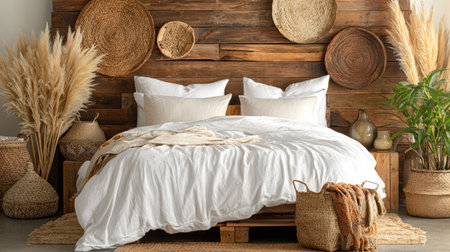A bedroom interior displays a bed covered with white linens, pillows, and neutral-toned accents. Decorative baskets, dried plants, and wooden elements provide texture and a natural aesthetic. The warm lighting suggests an inviting and relaxing environment suitable for various commercial design purposes.の素材