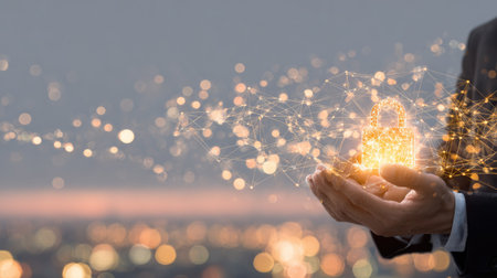 A person's hands cradle a glowing padlock symbol, suggesting digital security. The image uses a shallow depth of field with warm, bright colors illuminating the subject against a blurred background. The composition presents the idea of data protection, suitable for illustrating business or technological concepts.の素材