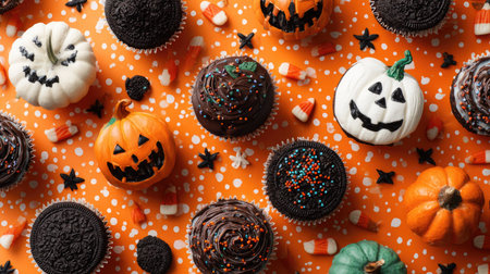 An overhead shot displays various cupcakes decorated for Halloween, accompanied by scattered candies on an orange surface. Cupcakes feature different decorations, including pumpkin and ghost shapes, with dark chocolate frosting. The composition presents a vibrant array of colors and textures, potentially suitable for seasonal promotional materials.の素材