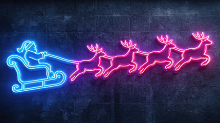 A neon sign presents Santa Claus in his sleigh pulled by reindeer. The artwork uses bright blue and pink colors against a dark, textured background. The composition highlights the characters and their forms. Suitable for holiday advertisements, greeting cards, or creative projects, the image offers a festive visual.の素材