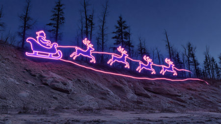 A vibrant neon depiction presents Santa's sleigh pulled by reindeer, illuminated against a dark, wintery night. The image showcases a snowy terrain with silhouetted trees, creating a festive atmosphere. Its visual characteristics include neon lighting, a scenic composition, and the potential for holiday-themed promotional use.の素材