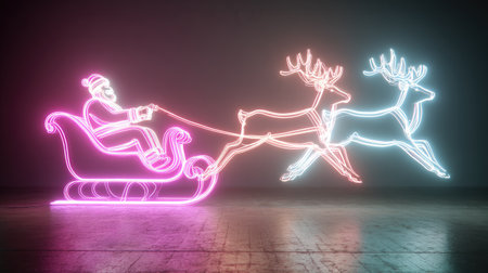 A neon illustration presents Santa Claus riding a sleigh pulled by reindeer. The image features a vibrant mix of pink, blue, and white neon lights against a dark backdrop. The lighting creates a festive atmosphere, suitable for various design applications and editorial uses.の素材