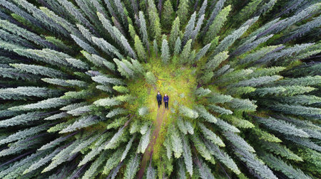 This overhead shot shows two individuals in a small clearing within a dense coniferous forest. The image features a radial composition with shades of green and brown. The lighting appears natural, suggesting an outdoor setting. The photograph may be suitable for various commercial and editorial applications, like illustrating nature or exploration.の素材