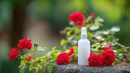 A white spray bottle rests among vibrant red roses and green foliage. The composition showcases a shallow depth of field, with the flowers in sharp focus. The scene takes place outdoors, with natural light illuminating the scene. Suitable for projects involving beauty, skincare, or natural products.の素材