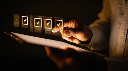 A hand interacts with a digital screen displaying a series of check boxes. The image presents a dark background with focus on the glowing interface and the hand. The lighting suggests a low-key indoor environment. This visual could be used for various applications, including technology, business, or decision-making illustrations.の素材