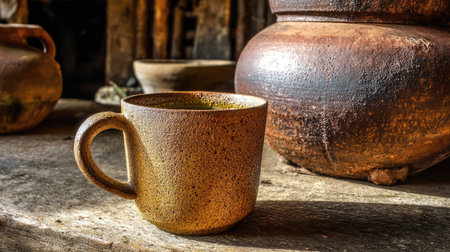 A close-up captures a textured ceramic mug with a handle, set against a backdrop of aged pottery. The warm, earthy tones of brown and tan dominate the composition, suggesting a natural, handmade aesthetic. Soft light enhances the rough texture, creating shadows. Suitable for use in designs about crafts or decor.の素材