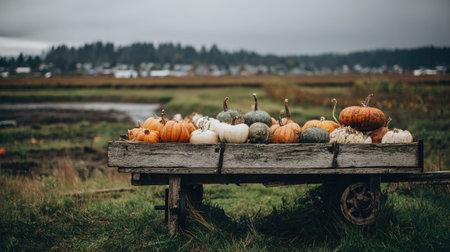 A wooden cart filled with various pumpkins sits in a field under a cloudy sky. The composition highlights the pumpkins' diverse colors and textures, contrasting with the green and brown tones of the environment. This image showcases a rustic aesthetic suitable for seasonal content, advertising, or editorial purposes.の素材