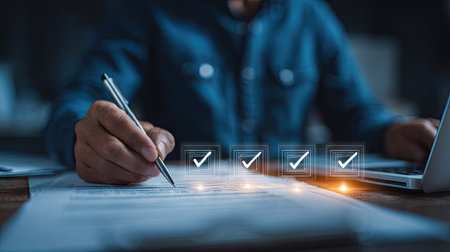 An individual is shown reviewing a document and using a pen to complete a checklist. The scene is illuminated by soft lighting, focusing attention on the task at hand. The image's composition hints at a modern office environment, lending itself to potential use in articles related to business or finance.の素材