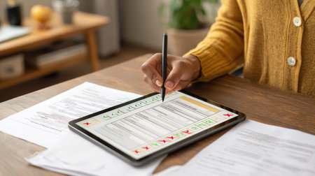 A person's hand holds a stylus, interacting with a tablet displaying a document, positioned on a wooden table. Surrounding documents and an out-of-focus background hint at an indoor setting. The image showcases a modern, digital workspace, suggesting uses for business or education.の素材
