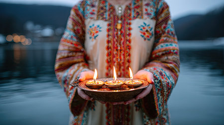 A person is holding a plate with three lit candles. The image showcases a medium shot with soft focus, emphasizing the candles and the person's hands. The colors include warm tones from the candles and clothing against the cool backdrop of water and a hazy environment. This could be used for editorial or symbolic purposes.の素材