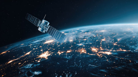 A satellite is depicted above the Earth at night, showcasing the glow of city lights. The scene features a deep blue atmosphere contrasting with the blackness of space. The image captures a sense of technology and communication, suitable for various commercial or editorial purposes. The composition is dynamic, emphasizing global connectivity.の素材