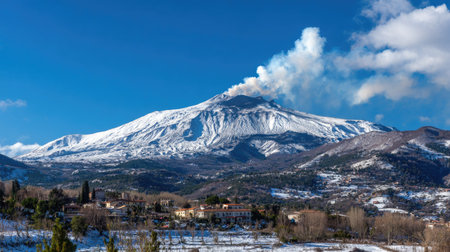 A snow-covered mountain rises dramatically against a bright blue sky, with wisps of smoke emerging from its peak. The image showcases a daytime scene with a mountain range and a village nestled in the foothills. This composition could be suitable for various commercial or editorial applications.の素材