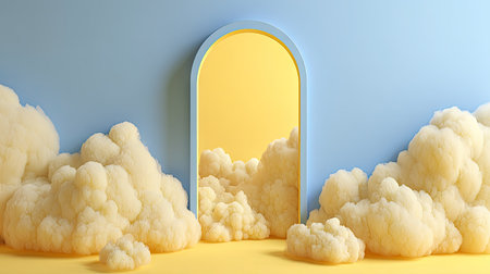 A stylized composition features a central doorway with a yellow interior. Fluffy, cloud-like forms frame the opening and the bottom of the image. The scene is dominated by soft pastel colors, with a light blue background and a bright yellow highlight. It suggests a dreamlike environment suitable for various creative applications.の素材