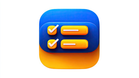 The image presents a three-dimensional application icon. It features a layered design with blue and yellow elements, checkmarks, and list features. The composition uses soft lighting and a clean aesthetic. Suitable for various commercial applications, this image represents tasks and productivity.の素材