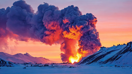 An erupting volcano releases plumes of dark smoke into the sky, with a fiery glow at the eruption source. The landscape features snow-covered mountains, illuminated by the warm colors of the sunset. This scene could be used for environmental reports, scientific articles, or artistic representations.の素材