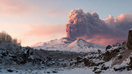 The image showcases a volcanic eruption, featuring a mountain range dusted with snow. A large plume of smoke rises into the sky. The composition utilizes natural light, highlighting textures and details. This scene can be useful for illustrating environmental themes or for a variety of design projects.の素材