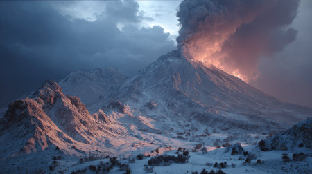 A volcano erupts, spewing smoke and fiery lava against a dramatic sky. The image showcases a mountain landscape covered in snow. The overall aesthetic presents a high-contrast composition with dynamic lighting. Suitable for use in editorial content and creative design projects.の素材