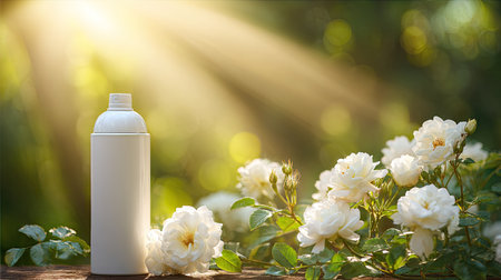 A white spray bottle stands prominently in this image, accompanied by white roses in full bloom. The scene is bathed in soft sunlight, creating a warm, natural ambiance. The composition features a shallow depth of field. Suitable for advertising, product displays, or lifestyle content.の素材