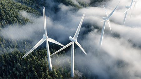 Several wind turbines are positioned above a forest shrouded in mist and clouds. The blades of the turbines are white, contrasting with the green of the trees. The composition suggests a daylight setting, possibly promoting sustainable energy practices. This image could be used for a variety of commercial and editorial projects.の素材