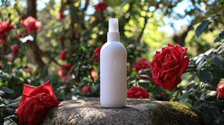 A white spray bottle is centered against a soft focus backdrop of red roses and green foliage. The image utilizes natural lighting, creating a bright and airy aesthetic. The composition suggests a close-up shot in an outdoor environment, ideal for commercial purposes.の素材