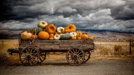 A wooden wagon overflowing with various pumpkins is displayed against a vast landscape. The image showcases a rustic aesthetic with warm colors contrasting a stormy sky. The composition suggests a harvest scene, potentially suitable for seasonal marketing materials or editorial illustrations.の素材