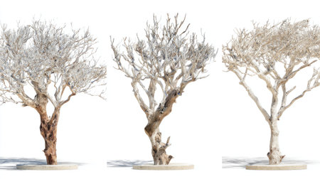 Three stylized, leafless trees are set against a pristine white backdrop, casting subtle shadows. The trees exhibit varying textures, with light-colored branches and darker trunks. This composition, likely created for commercial purposes, is suitable for advertising and design, offering ample copy space and a clean aesthetic.の素材