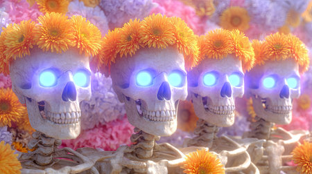 This image depicts several skull figures adorned with bright orange flower crowns. They have glowing blue eyes, set against a backdrop of colorful, abstract floral arrangements. The composition utilizes soft lighting, creating a whimsical, surreal scene suitable for various creative projects and editorial applications.の素材