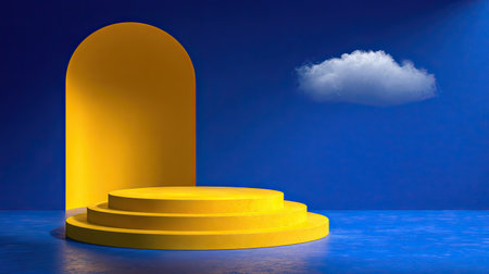 A yellow stage and archway are displayed on a reflective surface with a blue backdrop. A fluffy cloud is presented. The composition uses bold colors, smooth textures, and soft lighting. This image can be used for visual design, advertising, or other commercial applications.の素材