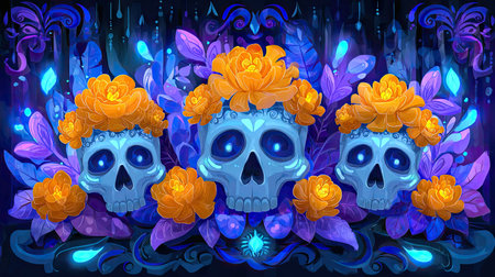 This colorful illustration features three stylized sugar skulls, each adorned with bright orange marigold flowers. The skulls are set against a backdrop of dark blue and purple stylized foliage. The artwork showcases a digital painting style with a strong emphasis on color and detail. This image is suitable for various creative applications, including editorial and commercial designs.の素材