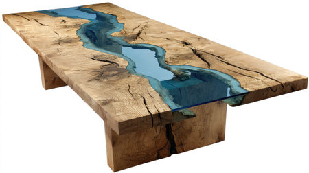 This image features a unique wooden table with a striking blue epoxy resin inlay, resembling a river. The table showcases natural wood grains and textures, with a modern design. The lighting is even, highlighting the contrast between the wood and resin. Suitable for use in furniture design projects and other creative endeavors.の素材