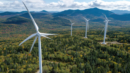 Five wind turbines stand tall on a verdant hillside, blades rotating in a display of clean energy. The composition showcases an overhead perspective with lush green and autumn-toned trees under a clear, blue sky. This image could be utilized to illustrate themes of sustainability and environmental preservation.の素材