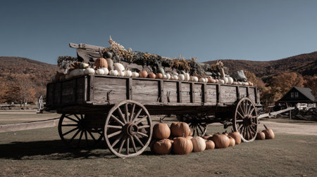 A weathered wooden wagon is heavily laden with a vibrant harvest of pumpkins and dried foliage. The composition presents a rich, earthy palette with warm tones and strong shadows under a clear, azure sky. This image could be utilized in a variety of visual projects, including promotional material and editorial content.の素材