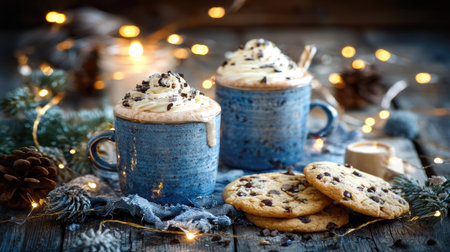 This image presents two mugs of hot chocolate topped with whipped cream and chocolate chips. Several cookies with chocolate chips rest nearby, next to pinecones and fairy lights. The scene is lit with soft, warm light. This composition could be utilized for festive holiday promotions, or culinary projects.の素材