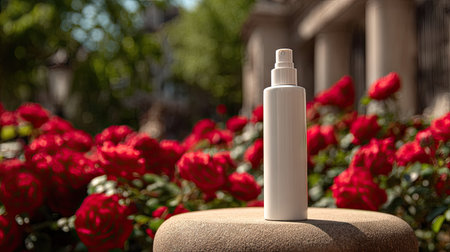 A white spray bottle stands on a stone surface against a backdrop of vibrant red flowers and green foliage. The composition features natural sunlight and soft shadows. The image, likely captured outdoors, offers a clean design aesthetic suitable for various product presentations and marketing campaigns.の素材